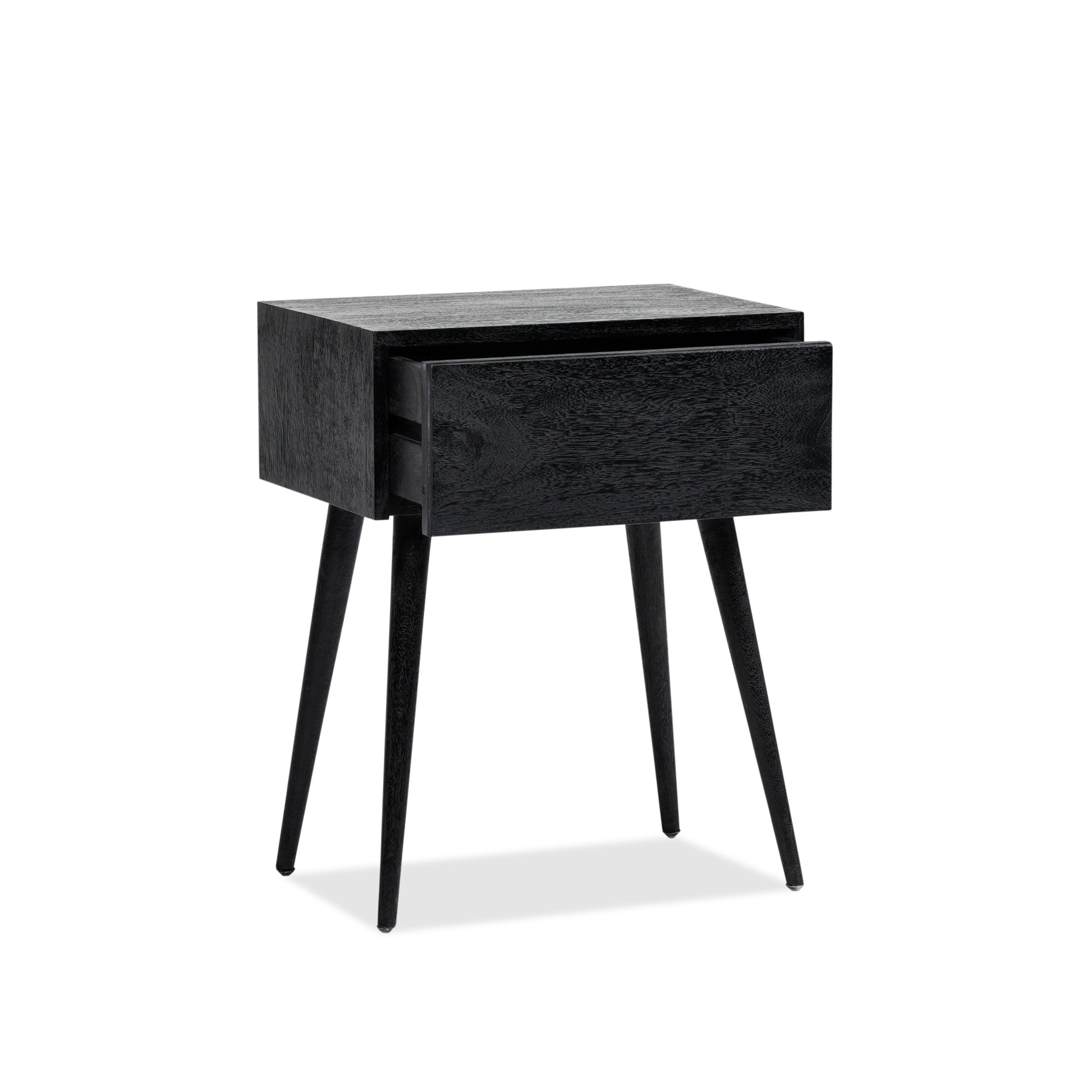 Empire's black Amsterdam Bedside with the drawer slightly open, on a white background