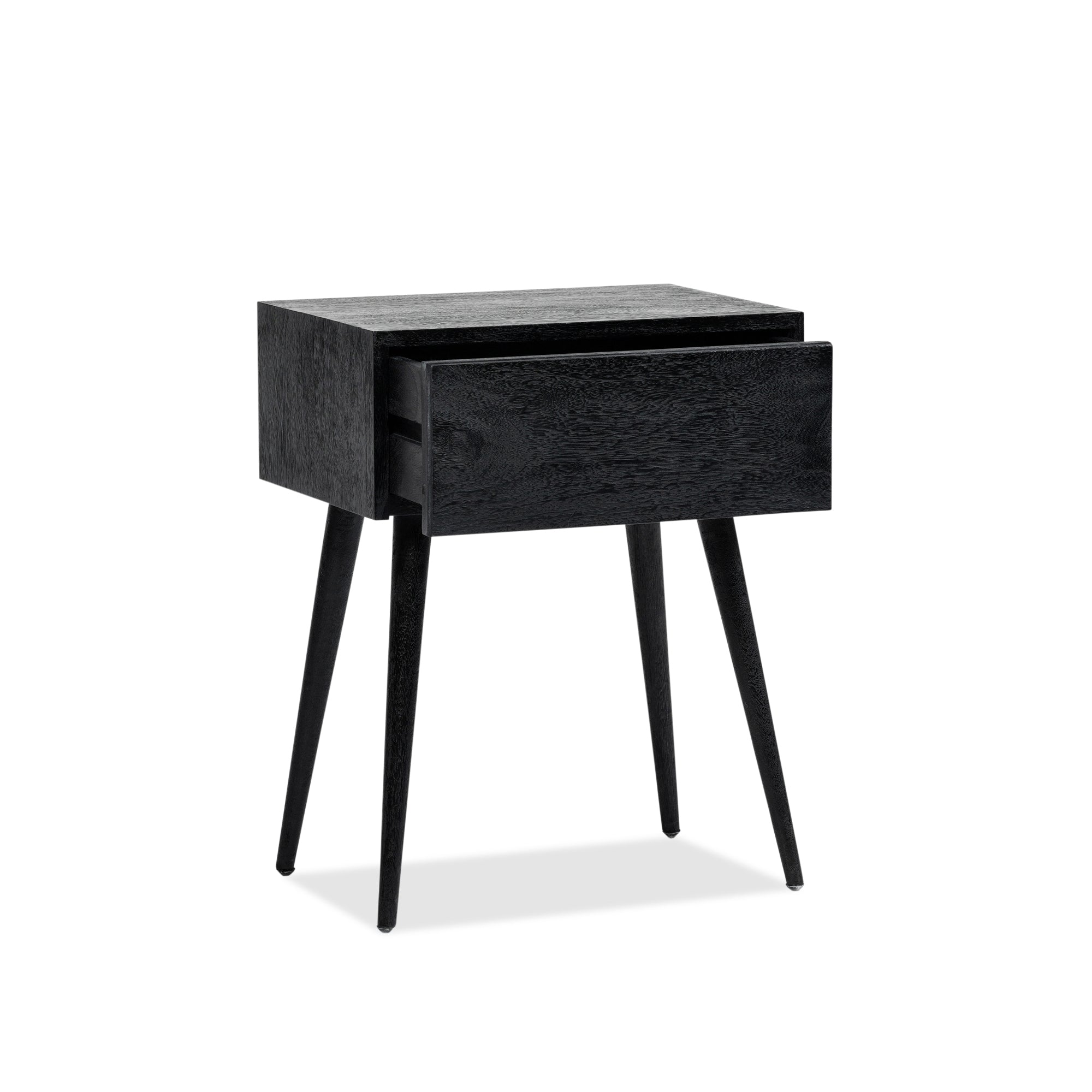Empire's black Amsterdam Bedside with the drawer slightly open, on a white background
